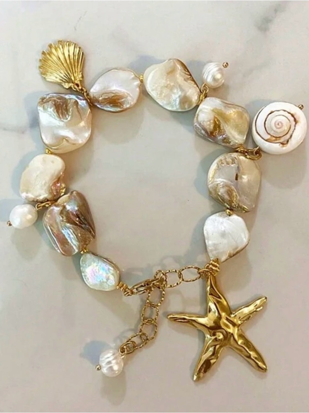 Coastal Starfish Charm Bracelet | Pearl Shell Beach Bracelet Gold Ocean Jewelry - Picture 3 of 3